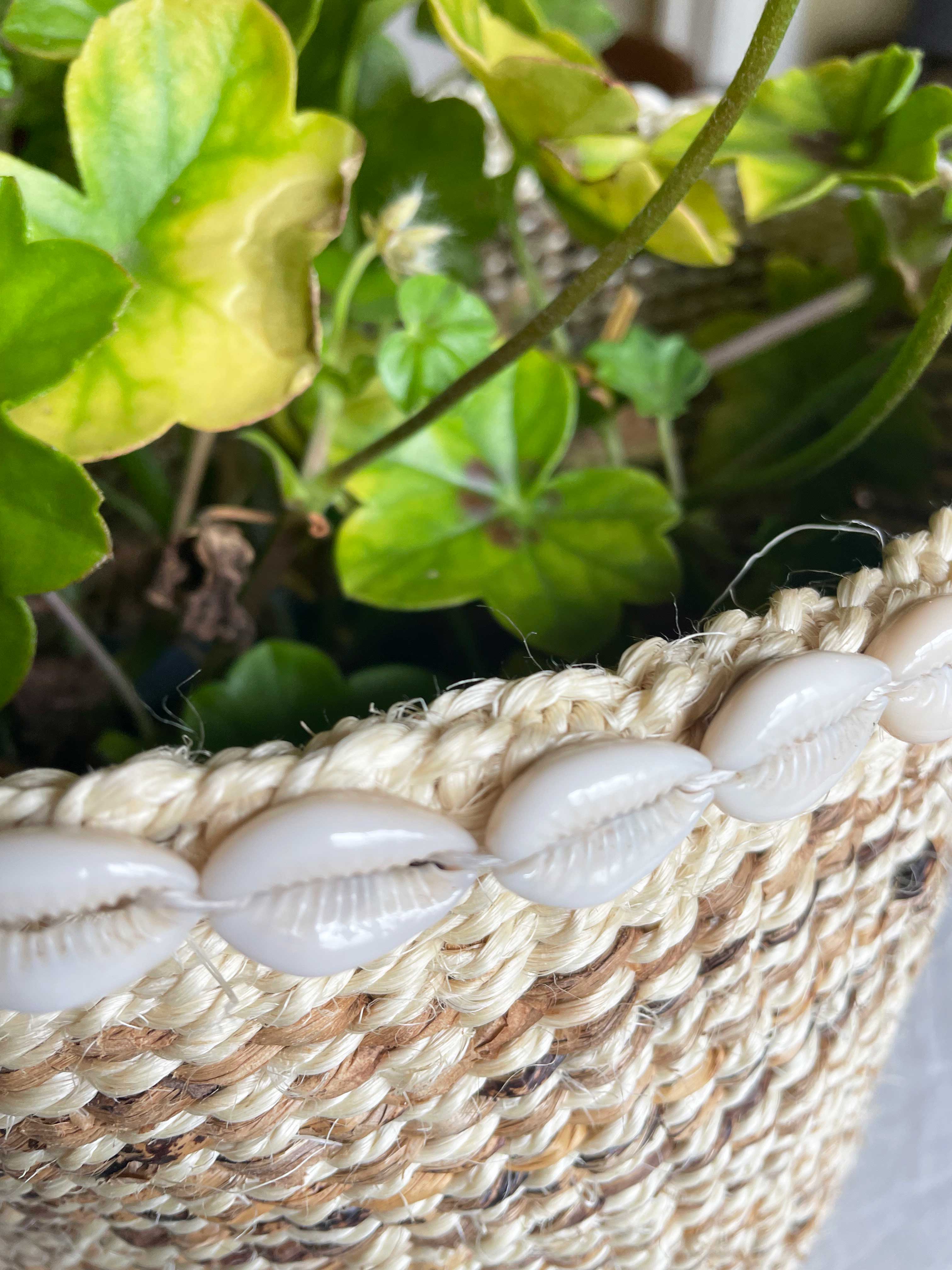 Sisal Basket Bin with Cowrie Shell Beading