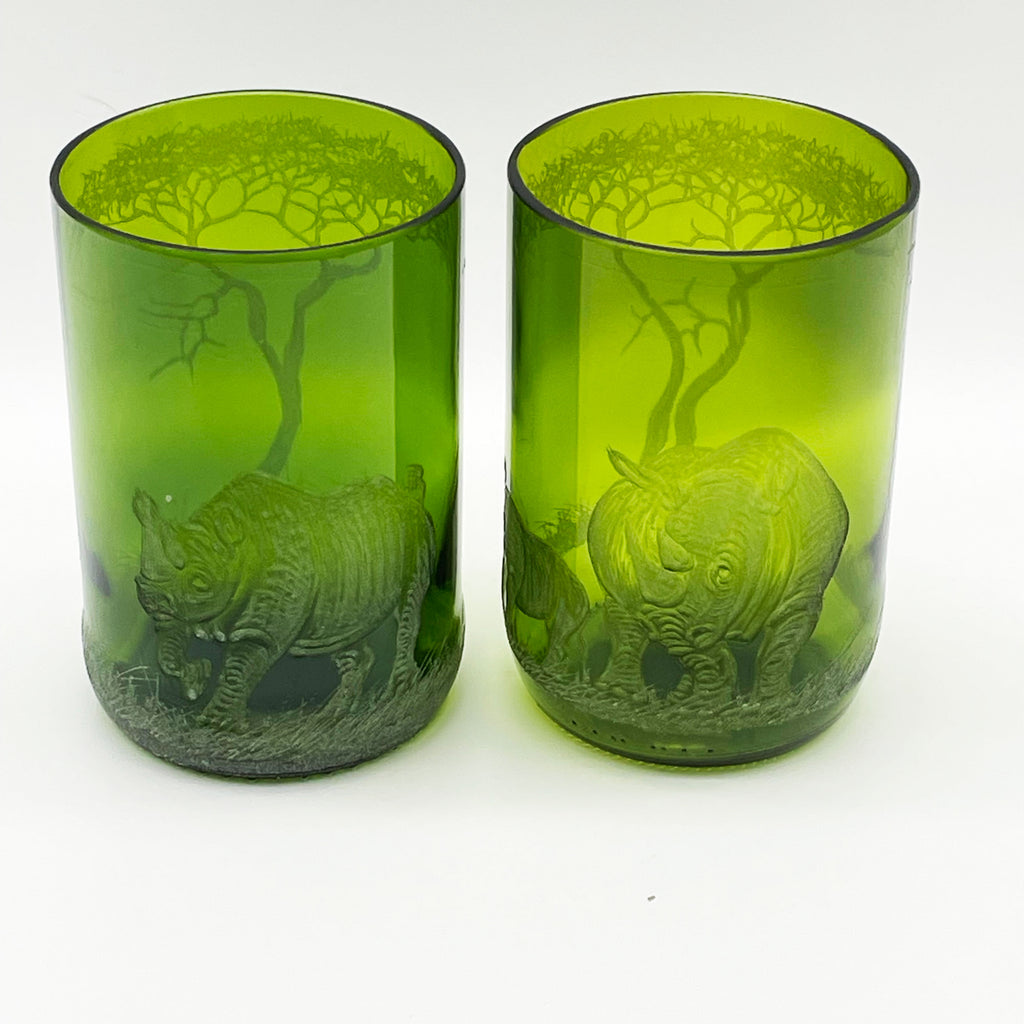 Candle Holder PAIR, Engraved with Rhino