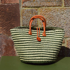 Small Sisal Shopping Basket Olive Green with Thin Cream Hoops and Leather Toggle