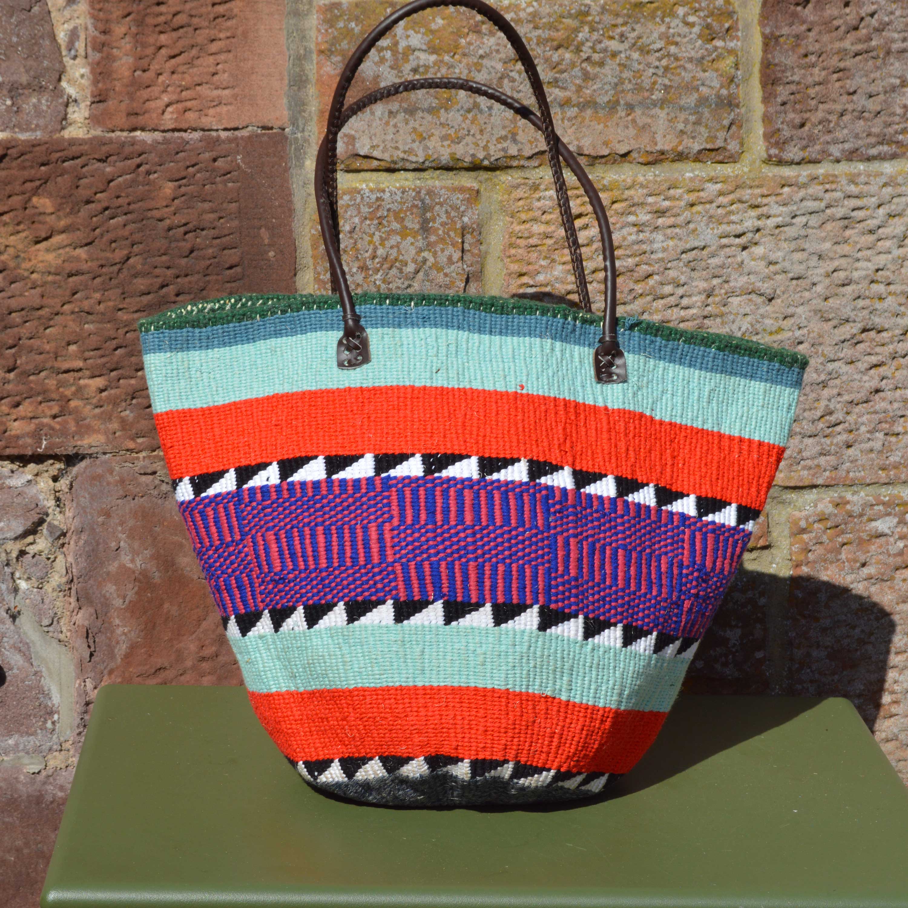 Woollen Kiondo Basket with Light Blue, Red and Purple Hoops