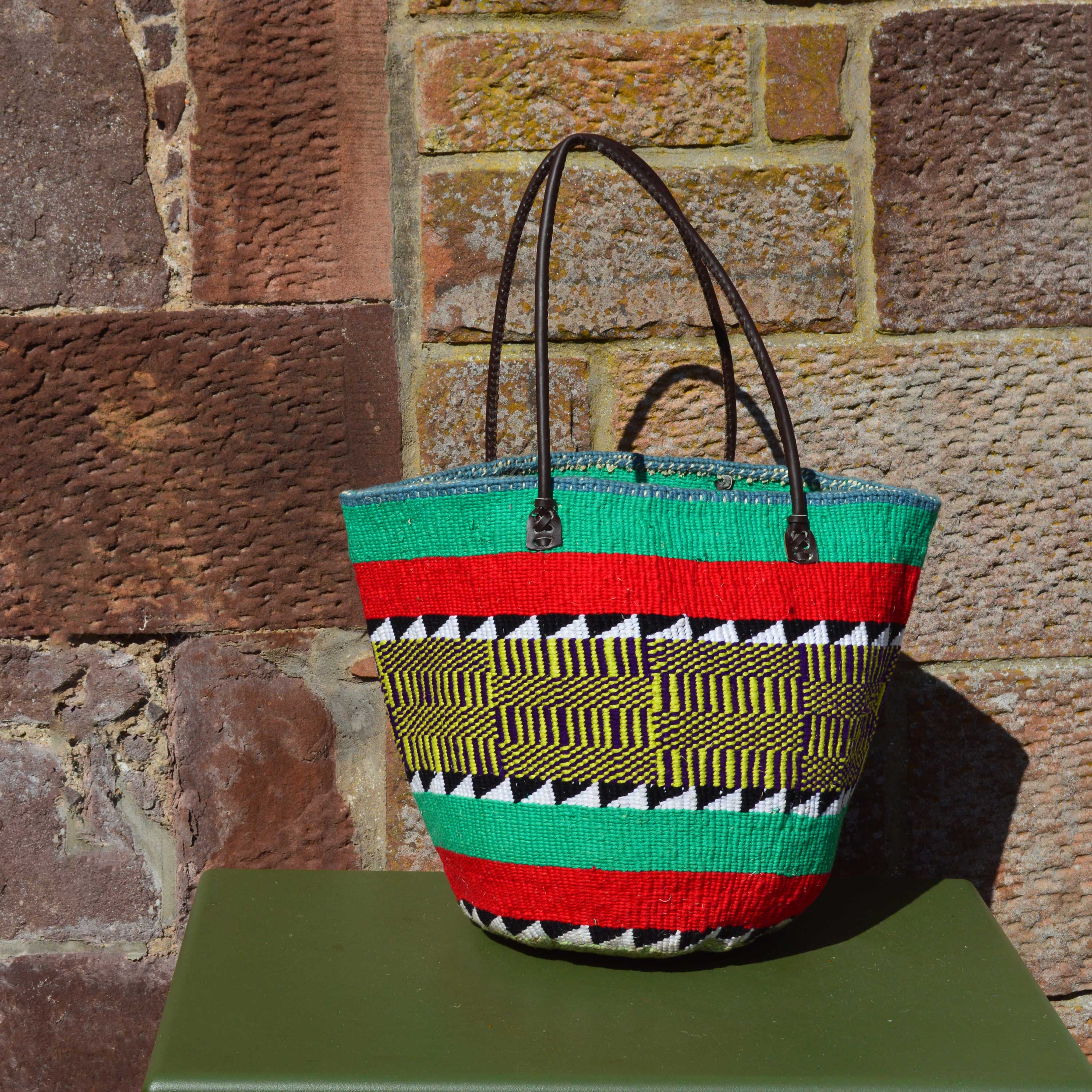 Woollen Kiondo Basket with Light Green, Red and Yellow and Black Patterned Hoops