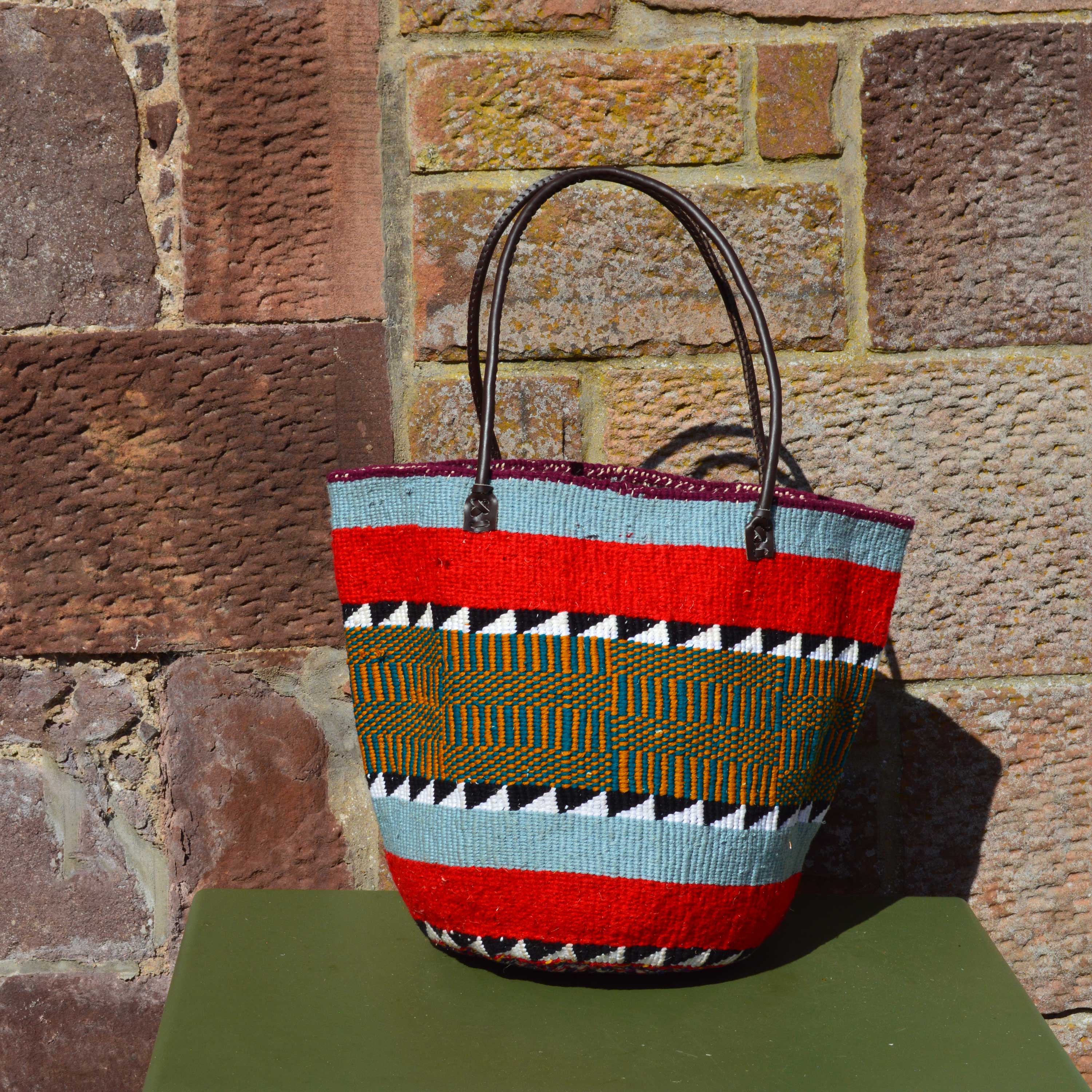 Woollen Kiondo Basket with Light Blue, Red and Light Brown and Blue Patterned Hoops