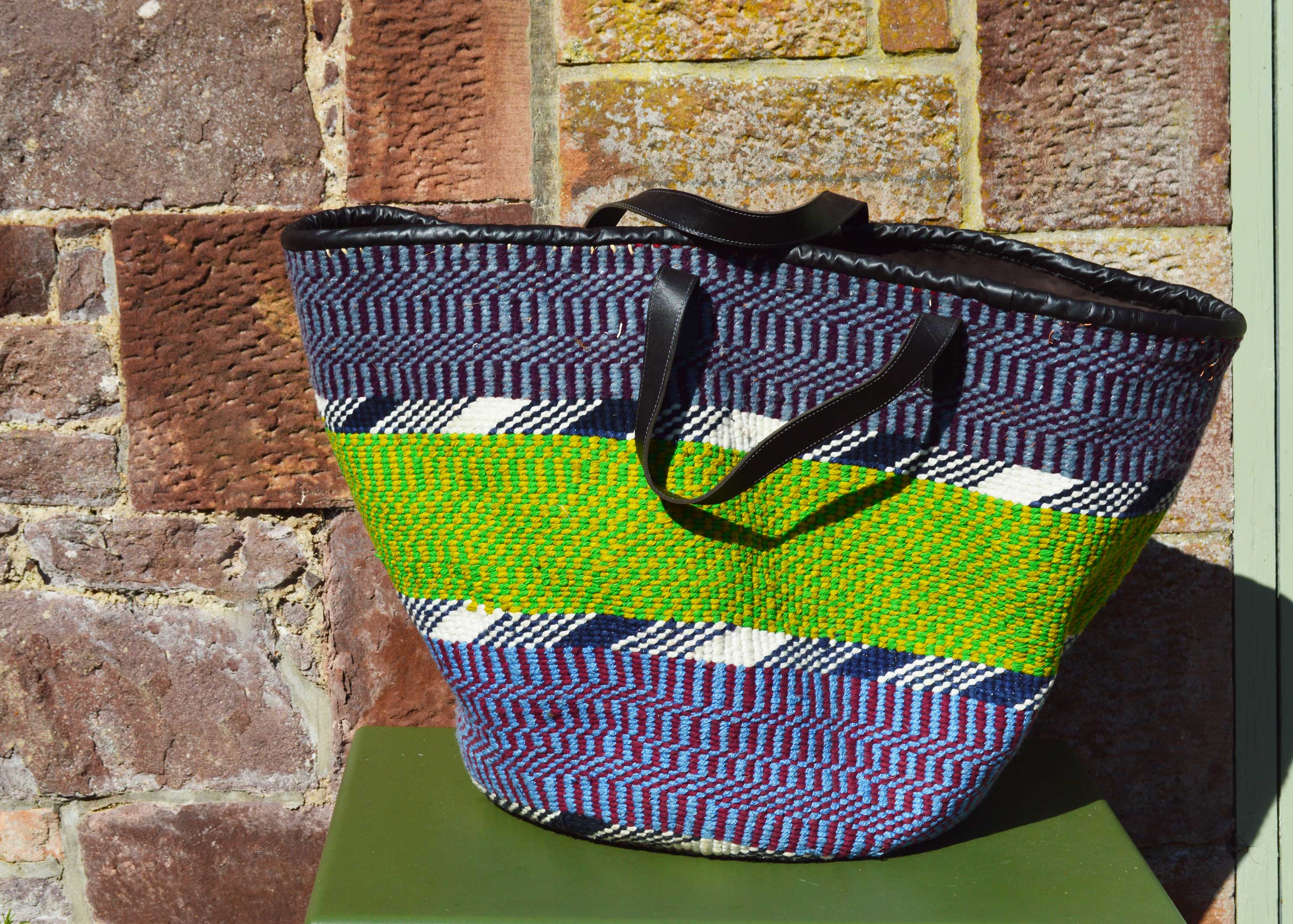 Giant Woollen Kiondo Style Lined Basket with heavy duty Mocha leather trim & handles. Blue, Green and Thin Grey, Black and White Patterned Hoops